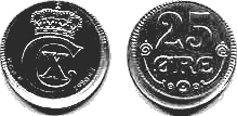 © Schou Web Coins 2002. 25 øre 1920 i kv. 01. (Holger Hede 11). Mønten ejes af Schou Web Coins og er købt af Aksel Pedersen 21. februar 2002.
