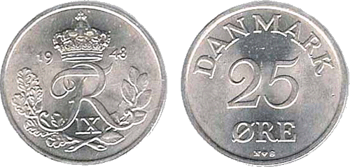 © Schou Web Coins 2002. 25 øre 1948 i kv. 0-01. (Holger Hede 8B). Mønten ejes af Schou Web Coins og er købt af Mads Smedman den 31. januar 2002.
