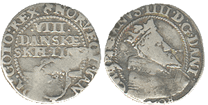 © Schou Web Coins 2002. Chr. IV 8 skilling 1608 - Skrivefejl. Mønten ejes af Schou Web Coins og er købt af Roskbear på Yahoo.dk auktionen den 26. maj 2002