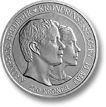 Billede af bryllupsmønten udsendt i anledning af H.K.H. Kronprins Frederik og frk. Mary Donaldsons bryllup 14. maj 2004